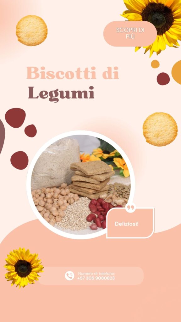 Banner verticale di biscotti di legumi, con sfondo rosa. Il testo al centro dice "biscotti di legumi", altri testi dicono " deliziosi", numero di telefono e "scopri di piú".